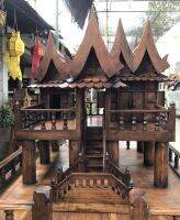 บ้านศาลาทรงไทยไม้ เรือนไทย Spirit House ศาลพระภูมิทรงไทย ศาลตายาย ทำจากไม้สักขนาด 50ซม.x50ซม.x62ซม.(ไม่รวมเสา)