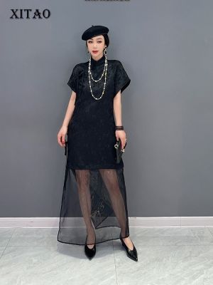 XITAO Black Sexy Gauze Patchwork Fashion Perspective Mandarin Collar Dress