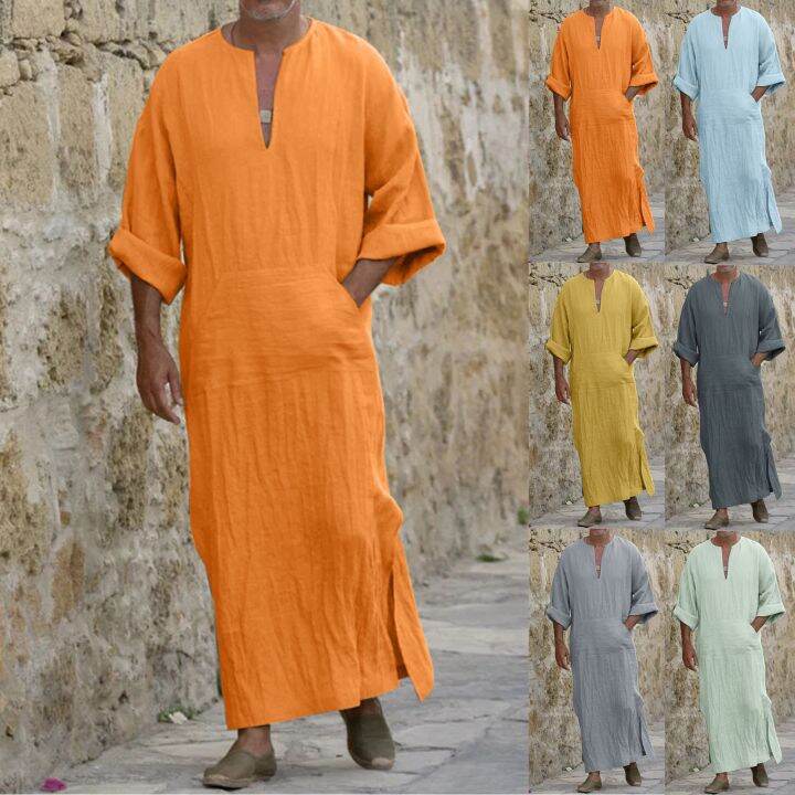 Mens Arabic Long Robes Saudi Arabia Men's Linen Kaftan Middle East