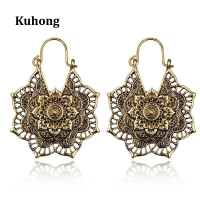 Kuhong ผู้หญิงวินเทจ Boho ดอกไม้ยิปซีต่างหูเผ่าชาติพันธุ์เทศกาลของขวัญ