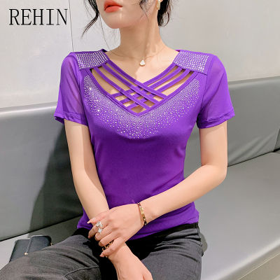 REHIN เสื้อยืดตาข่ายแฟชั่นสำหรับผู้หญิง,ใหม่เสื้อตาข่ายปักลายช่องเว้าร้อนอเนกประสงค์แขนสั้นพอดีตัวสำหรับฤดูร้อน