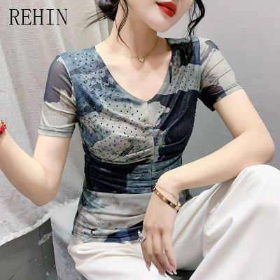 REHIN เสื้อยืดคอวีผู้หญิง,เสื้อยืดคอวีสว่านร้อนเข้ารูปพอดีใส่ได้หลายโอกาส S-3XL เสื้อนอกที่ใส่เข้ากับทุกชุด