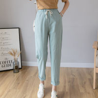 Women Casual Summer Autumn Solid Elastic Waist Cotton Linen Pants