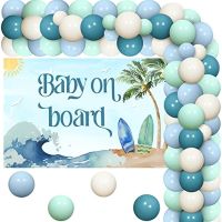 JOYMEMO Dekorasi Baby Shower Surf Dekorasi Baby Shower Baby On Board ชุดลูกโป่งสีเขียวสีฟ้าสีขาวพร้อมฉากหลัง Baby On Board พื้นหลังชายหาดฤดูร้อนสำหรับอาบน้ำทารกงานเลี้ยงวันเกิด Surf เด็กผู้ชาย