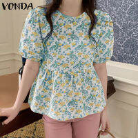 MASHYCHIC VONDA เก็บเอวเสื้อสตรีคอกลมแขนพองสไตล์ผู้หญิง (ดอกไม้เกาหลี)