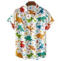 Black And White Simple Mens Shirt Cute Dinosaur Print Mens Clothing Shirt Lapel Oversized Short Sleeve T-shirt Fashion Blouse