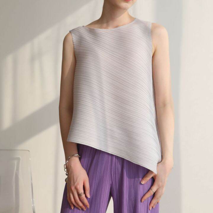 miyake-ผู้หญิงจีบสดชื่นมีสไตล์เรียบง่ายอารมณ์เสื้อยืดคอกลมแขนกุด-6970