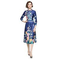 Women Dress Spot Real  Elegant Long Sleeve  Vintage Printed Midi Dress