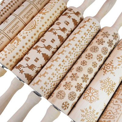 Christmas Wood Embossing Rolling Pin Cookies Biscuits Fondant Cake Baking Dough Tool Navidad New Year Home Kitchen Rolling Pin