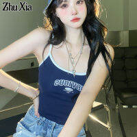 Zhu Xia สายเอี๊ยมสำหรับผู้หญิงสไตล์เกาหลี Cewek Seksi แขนกุดพิมพ์ลายตัวอักษรเสื้อกั๊กคอกลมเสื้อยาวปิดถึงก้นเพรียวบางพร้อมสายรัดโชว์พุง