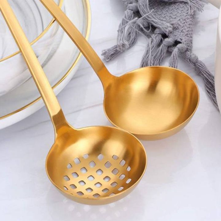 gold-soup-ladle-colander-set-long-handle-stainless-steel-kitchenware-cookware-serving-spoon-for-cooking-utensil-2-pcs