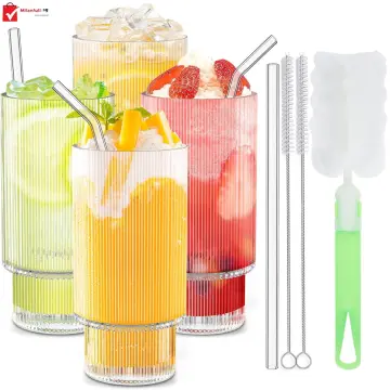 1-6Pcs 400ml Large Capacity Ripple Glass Cup Stripe Transparent Coffee Mug  Bubble Tea Cup Juice Glass Drinkware Set for Home Bar