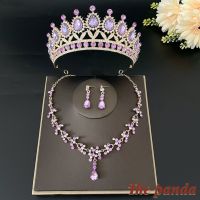 The Panda Jewelry Set Three Piece Bridal Purple Crown Necklace Earrings Bridal Dress Accessory Inlaid with Rhinestones Glittering Eardrops Decoration Headwear Necklaces Wedding