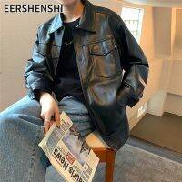 EERSHENSHI ผู้ชายย้อนยุคกระเป๋าใหญ่หนังฤดูใบไม้ผลิและฤดูใบไม้ร่วงสุทธิสีแดงรถจักรยานยนต์แจ็คเก็ตหนังหลวมและหล่อปกแจ็คเก็ต