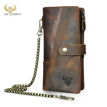 Men's genuine leather wallet chain Snap bifold purse crazy horse leather  card case Phone card holder clutch tiger dragon wallet - AliExpress