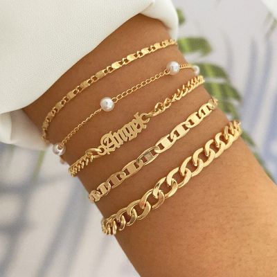 IPARAM 5PCS/Set Fashion Bracelets for Women Letters ANGEL Cuban Chain Irregular Thin Chains Metal Pearl Bracelet Trendy Jewelry