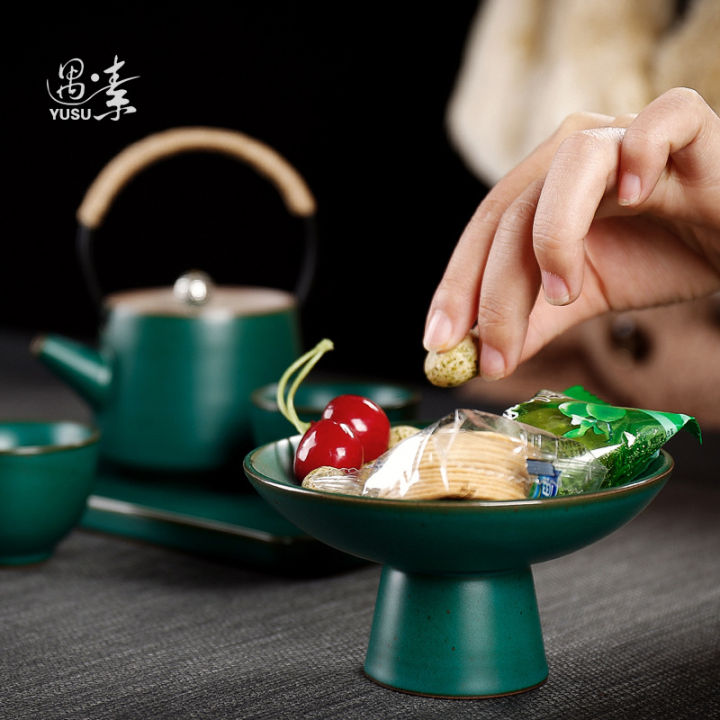 yusu-จานเครื่องปั้นดินเผาหยาบสไตล์ญี่ปุ่น-จานเซรามิกสำหรับใส่ชาขนมขบเคี้ยวผลไม้อุปกรณ์พิธีชงชาจานผลไม้ลิงกี่ไฟ