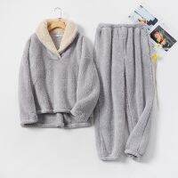 Fleece Pajama Soldi Turn Down Collar Ladies Warm Sleepwear with Pant Sleeve Pijama Female