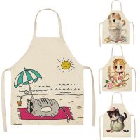 Cat Animals Printed Kitchen Aprons for Women Kids Sleeveless Dolphin Elephant Cotton Linen Bibs Cooking Baking Cleaning