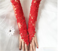 Red Long Lace Bride Bridal Gloves Wedding Gloves Lace Appliques Wedding Accessories Gloves for Brides Fingerless Above Elbow