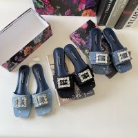 【High Quality】2023 New Denim Rhinestone Square Button Sandals for Women in Summer Flat Bottom Flat Word Wear Soft Bottom Womens Slippers