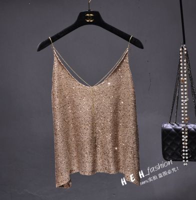 Summer sexy V neck thin metallic chain strap camis women shiny gold sequined knitted camisole women shiny Vest tank tops