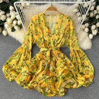 Elegant and Fashionable Floral Chiffon Dress Female Korean Style Temperament V-neck Puff Sleeves Slim Fit 2022 New Summer