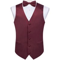 ☽▲ Burgundy Red Solid Silk Men Suit Vest Pre-tied Bow Tie Set Wedding Party Formal Tuxedo Male Blazer Waistcoat Business Party Vest