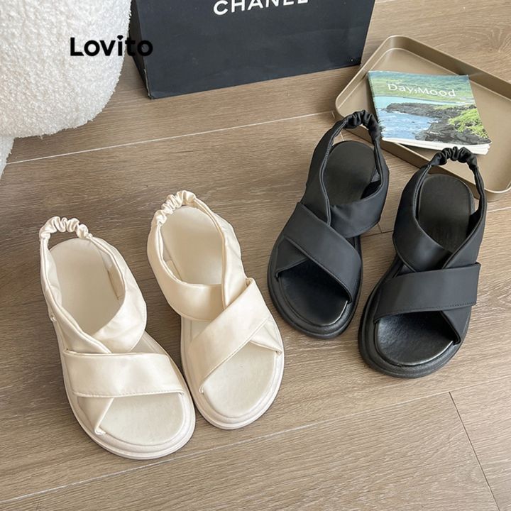 lovito-รองเท้าแตะลําลอง-ส้นแบน-เปิดนิ้วเท้า-แฟชั่นฤดูร้อน-สีขาว-ดํา-lis02021