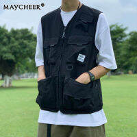 MAYCHEER เสื้อกั๊กผู้ชายแบบมีกระเป๋าหลายฟังก์ชั่นด้านนอกเหมือนกันหมดเสื้อกั๊กฮิปฮอปแบรนด์น้ำขึ้นน้ำลง