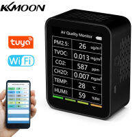 KKmoon Tuya WiFi แบบพกพาโฮมออฟฟิศในร่มสก์ท็อปเครื่องตรวจจับคุณภาพอากาศ6 In 1มัลติฟังก์ชั่ตรวจจับ PM2.5 TVOC CO2 CH2O อุณหภูมิความชื้นตรวจจับอัจฉริยะเชื่อมโยงโทรศัพท์มือถือ APP ระยะไกลดู