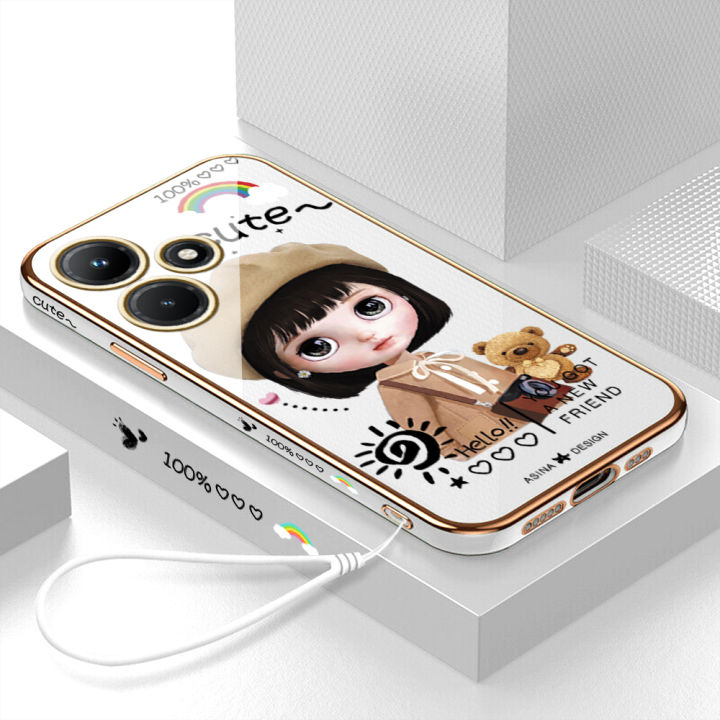 คลังสินค้าพร้อม-เคสเคสมือถือสำหรับ-infinix-ร้อน30i-x669พร้อมฟรีสายคล้อง-การ์ตูนสาวน่ารักขอบสี่เหลี่ยมชุบเคลือบเคสนิ่มฝาหลัง