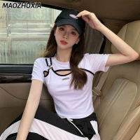 MAOZHUXIA เสื้อการเย็บคอรอบแขนสั้นเข้ารูปเสื้อด้านล่างเรียบง่ายเสื้อยืดมีรูสำหรับฤดูร้อน2023