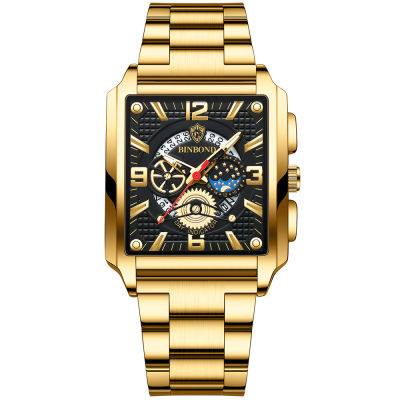 นาฬิกาผู้ชาย2023ใหม่ผู้ชายย้อนยุคสี่เหลี่ยมปฏิทินกันน้ำเรืองแสงมัลติฟังก์ชั่นกีฬานาฬิกาสีทอง