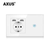 AXUS Light Touch Switch EU Power Wall USB Sockets ผนังสีดำ Led Switches 1/2/3Gang 1Way คริสตัลแผง Dark Blue Backlight