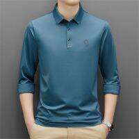 [COD] 2022 autumn new long-sleeved lapel mens t-shirt ice silk solid collared top tide