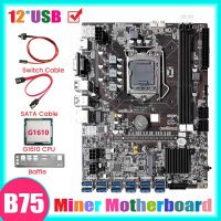 B75 12GPU BTC Mining Motherboard+G1610 CPU+SATA Cable+Switch Cable Black B75 12GPU for 2XDDR3 RAM USB3.0 B75 12USB Miner Motherboard