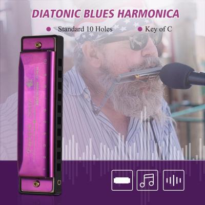 คีย์ของ C Diatonic Harmonica mouthorgan กับ ABS กกกระจกการออกแบบพื้นผิว 10 หลุมบลูส์หีบเพลงปากที่สมบูรณ์แบบสำหรับผู้เริ่มต้นมืออาชีพนักเรียนเด็กสีม่วง