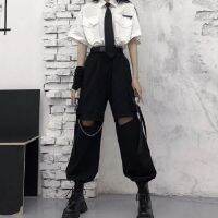 Gothic Streetwear Womens Cargo Pants with Chain Punk Techwear Black Oversize Korean Fashion Wide Leg Trousers 2021 Alt