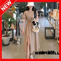 NEW MALL Short-Sleeved Round Neck Waist Plus Size Dress Solid Color A-Line Skirt Summer Skirt Women