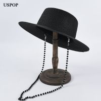 [Fine Jewelry] USPOP ผู้หญิงฤดูร้อนหมวกฟางอาทิตย์หมวกปานามาฟาง Fedoras ที่มีห่วงโซ่ชายหาดม่านบังแดด