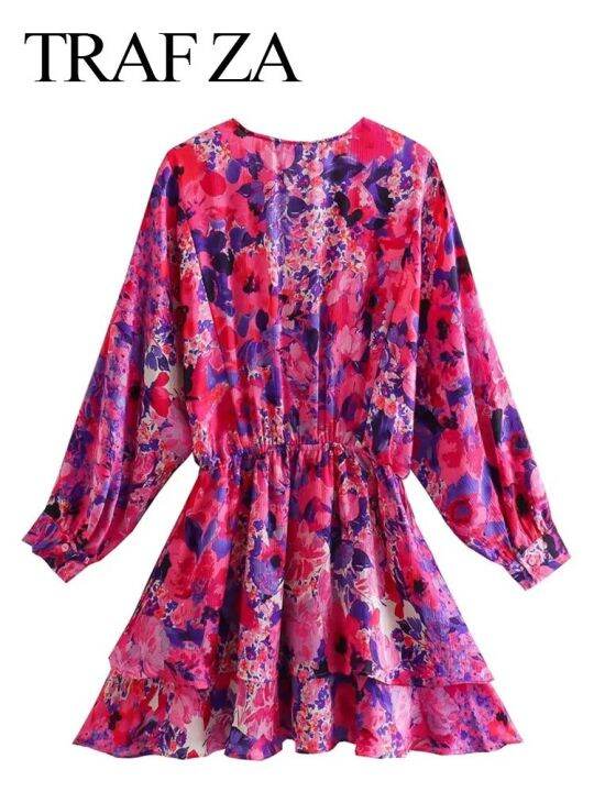 trafza-women-floral-print-pleated-mini-dress-long-sleeve-v-neck-ruffles-ruched-dresses-2023-summer-women-elegant-party-dress