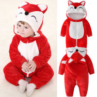 Red Fox Onesie เสื้อรอมเปอร์ทารกหนึ่งชิ้น Flannel ชุดนอนสำหรับเด็กแรกเกิดชุดจั๊มสูทมีฮู้ดชุดสัตว์ชุด