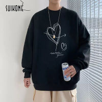 Suikone เสื้อยืดแขนยาวสำหรับผู้ชาย-เสื้อยืดพิมพ์ลาย Love แขนยาวเสื้อกีฬาคอกลมไซส์ใหญ่