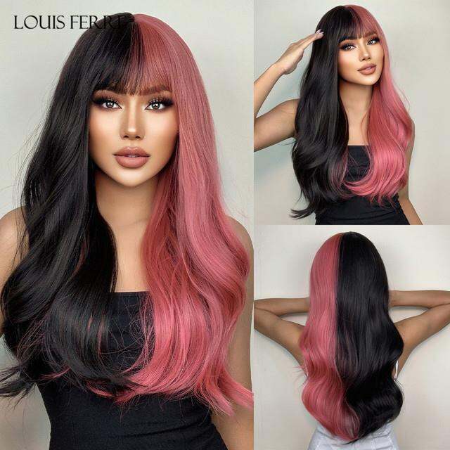 louis-ferre-วิกผมลอนยาวสีน้ำตาลหยักสังเคราะห์วิกผมสีน้ำตาลน้ำผึ้งมีหน้าม้าไฟเบอร์อุณหภูมิสูงสำหรับผู้หญิงผิวดำทนความร้อน