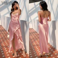 [YI&amp;YING] New Elegant Strap Pajamas Womens Summer Sexy Long Pure Desire Home Fur Ice Silk Senior Feeling Sleeping Dress WAZC305