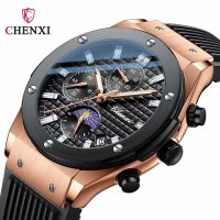 CHENXI Chenxi multi-function watch real three-eye six-needle mens watch calendar moon phase timing live quartz watch 【QYUE】