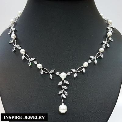 Inspire Jewelry ,ชุดเซ็ทสร้อยคอ พร้อมต่างหู มุก ประดับด้วยเพชร CZ งาน Jewelry Design สวยหรู ตัวเรือนหุ้มทองคำขาว