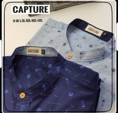 Capture Shirt เสื้อเชิ้ตผู้ชาย แขนสั้น คอจีน ผ้า oxford ลายเรือใบจิ๋ว มีถึงอก 48 นิ้ว