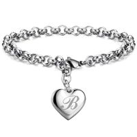 Initial Charm 26 Letters Link Bracelets Stainless Steel Heart A-Z Name Letter Alphabet Bangle Jewelry For Men Women Gifts